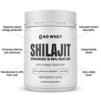 NoWhey Shilajit benefits: natural energy production, nutrient absorption, stamina and endurance, standardised to 40% fulvic acid, independently tested, daily vitality