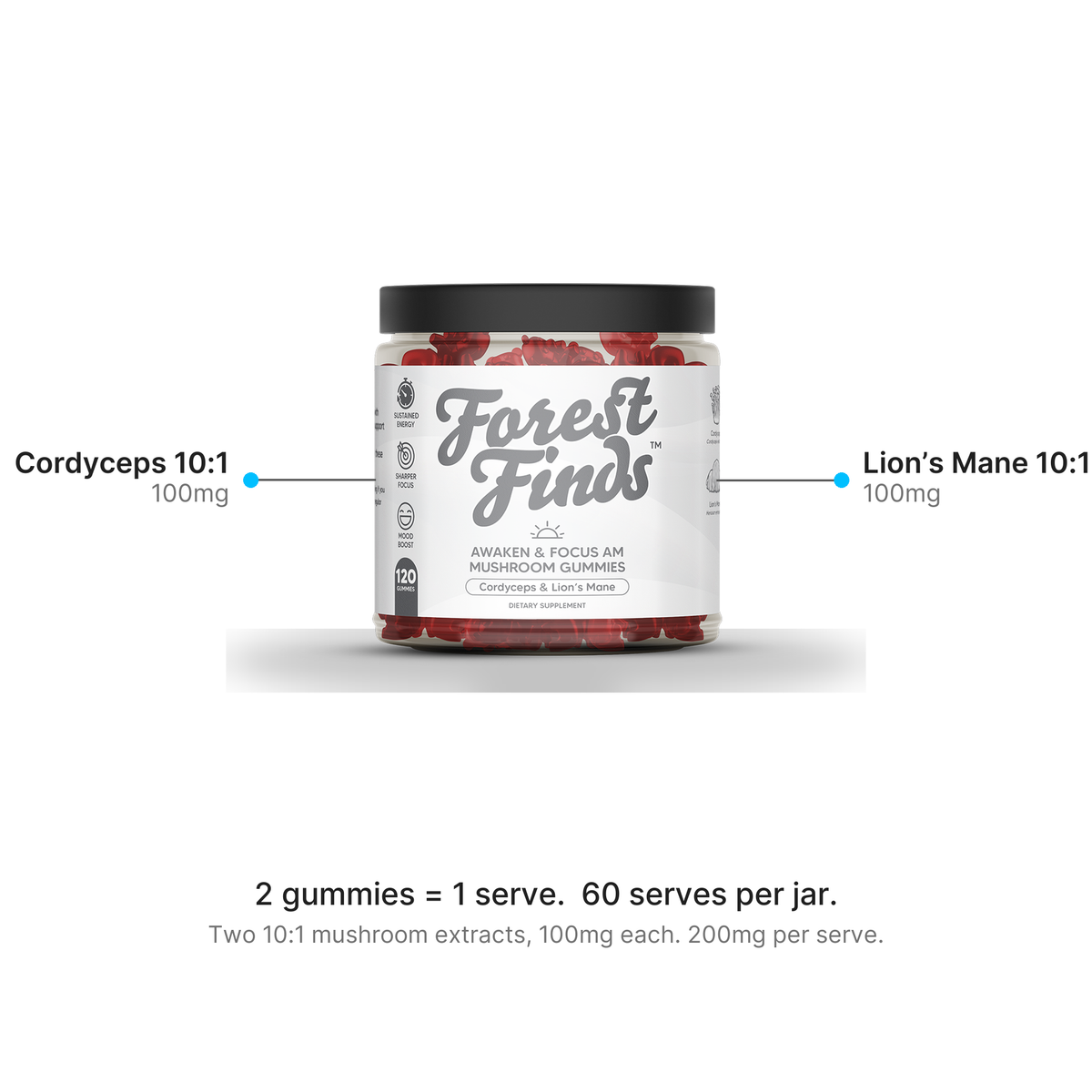 Two 10:1 mushroom extracts per two-gummy serve, 100mg each