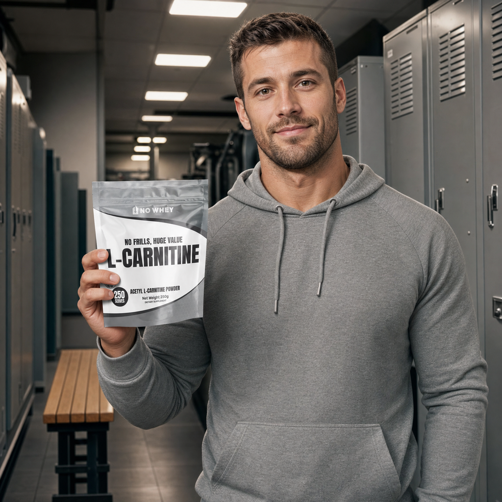 NoWhey Acetyl L-Carnitine 250g held in gym locker room