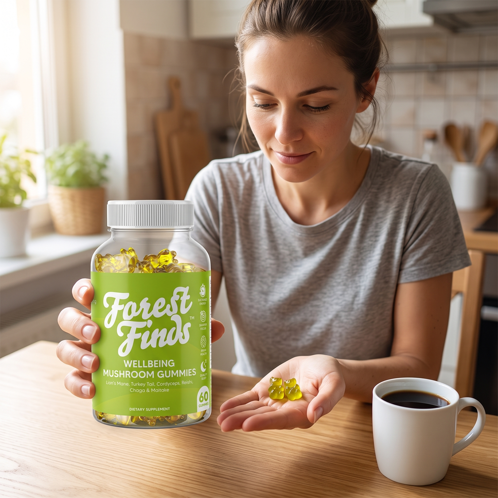 Wellbeing Mushroom Gummies taken in the morning with coffee