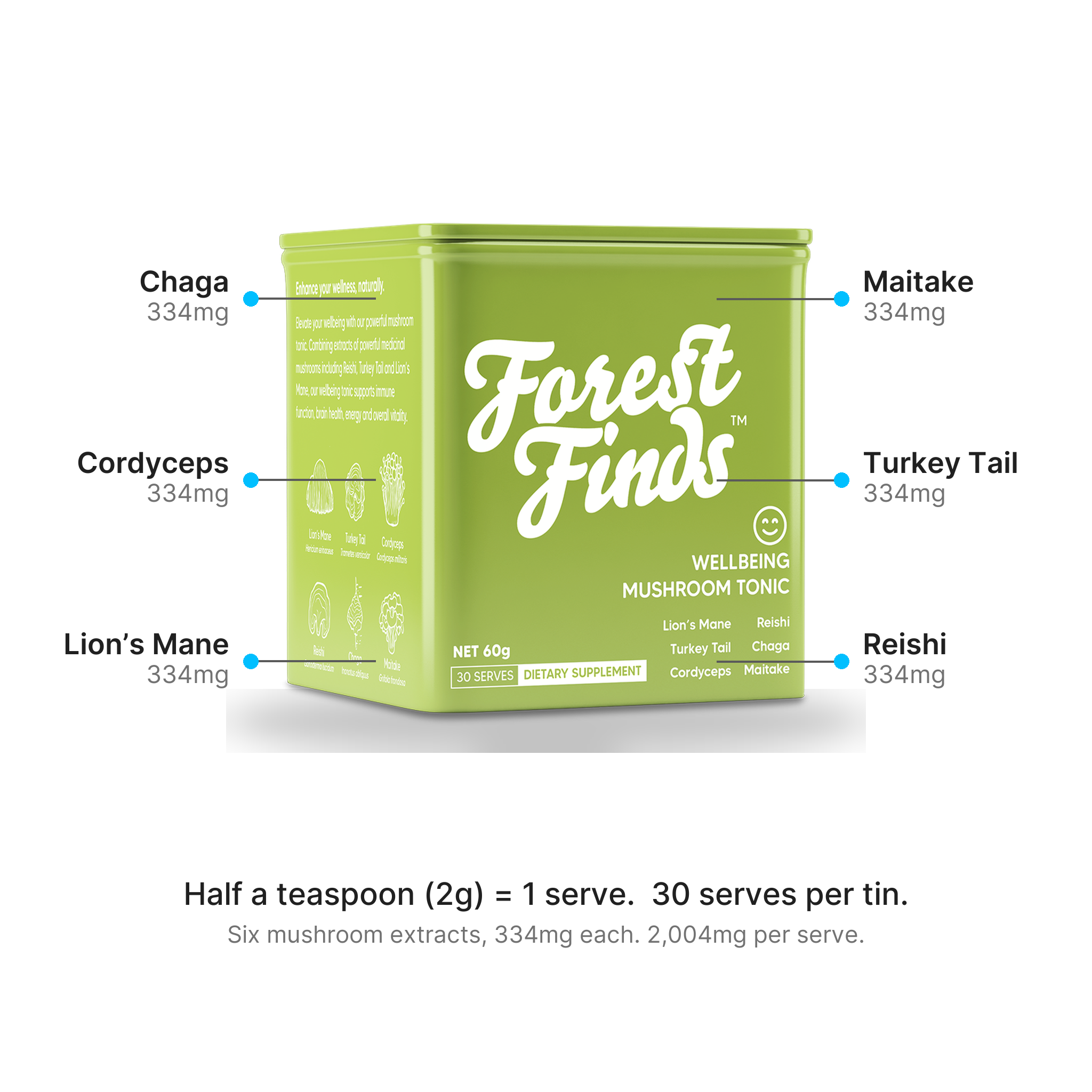 Six mushroom extracts per half-teaspoon serve, 334mg each