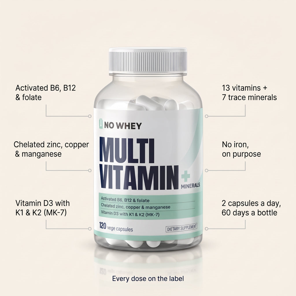 Inside NoWhey Multivitamin + Minerals: 13 vitamins and 7 trace minerals, activated B6, B12 and folate, chelated zinc, copper and manganese, vitamin D3 with K1 and K2, no iron, two capsules a day